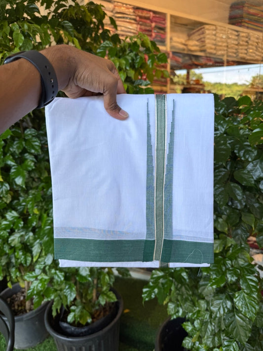 14% Discount ! KaithariKada Balaramapuram 100% Mercerised Cotton Double Ultra Pure white Mundu/Dhoti - 80x80 - 1.75 inch Puliyilakkara Dark Green & Silver Kasavu Striped Chutty Kara - 114 KK5251 PMC