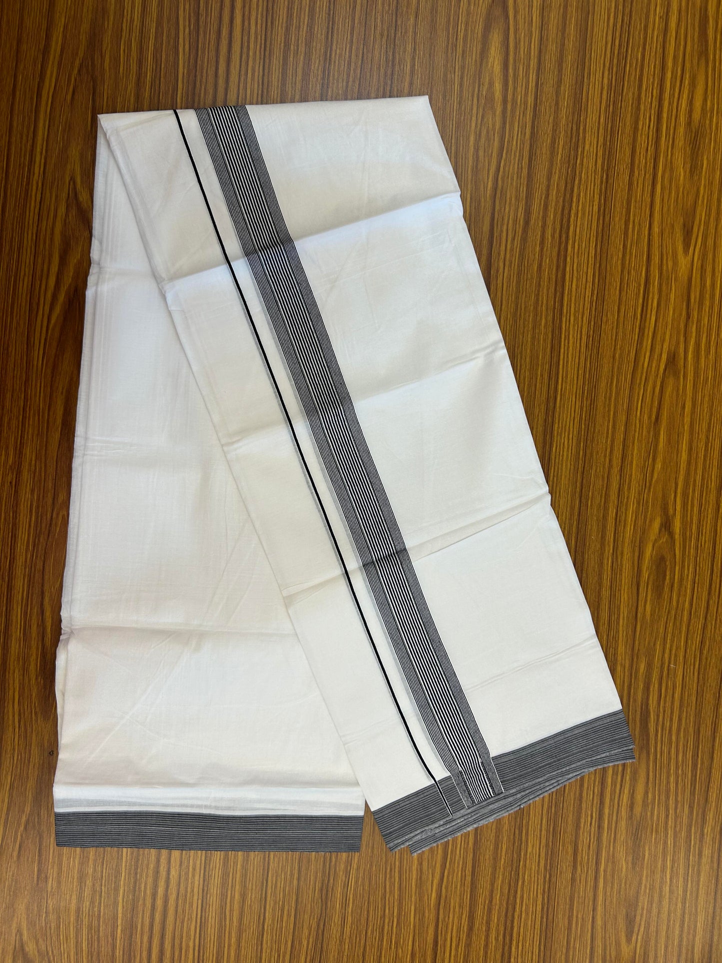 20% Discount ! Kaitharikada Balaramapuram 100% Cotton Pure White Double Mundu/Dothi - 100x100 - 1.5 inch Black Striped Kara - 7 KK5362 GAN