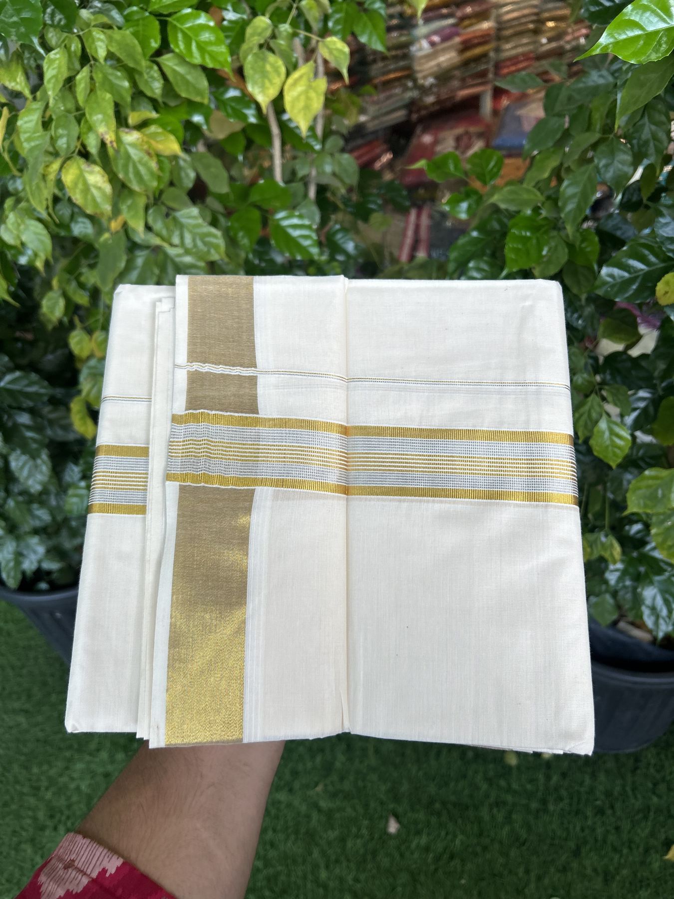 20% Discount ! KaithariKada Balaramapuram - 100% Pure Cotton Off White - (Unbleached) Double Mundu/Dhoti - 100X80 - 1.5 inch Gold Kasav & Silver Kasav Striped Kara 4 mtr (8.5 muzham) - 21 KK5340 VIN