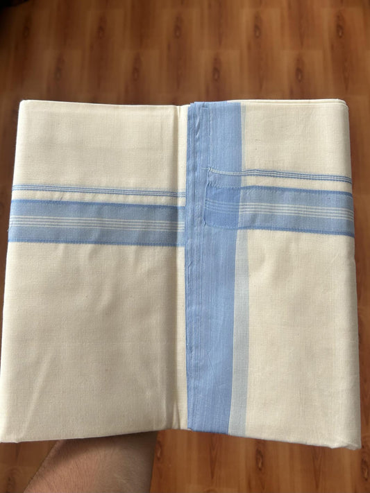 Double Off white (Unbleached) Mundu/Dhoti - 20% Discount KaithariKada Balaramapuram 100% Cotton - 100x100 - 1.25 inch Sky Blue Shaded Striped Kara - 34 KK5392 ASH