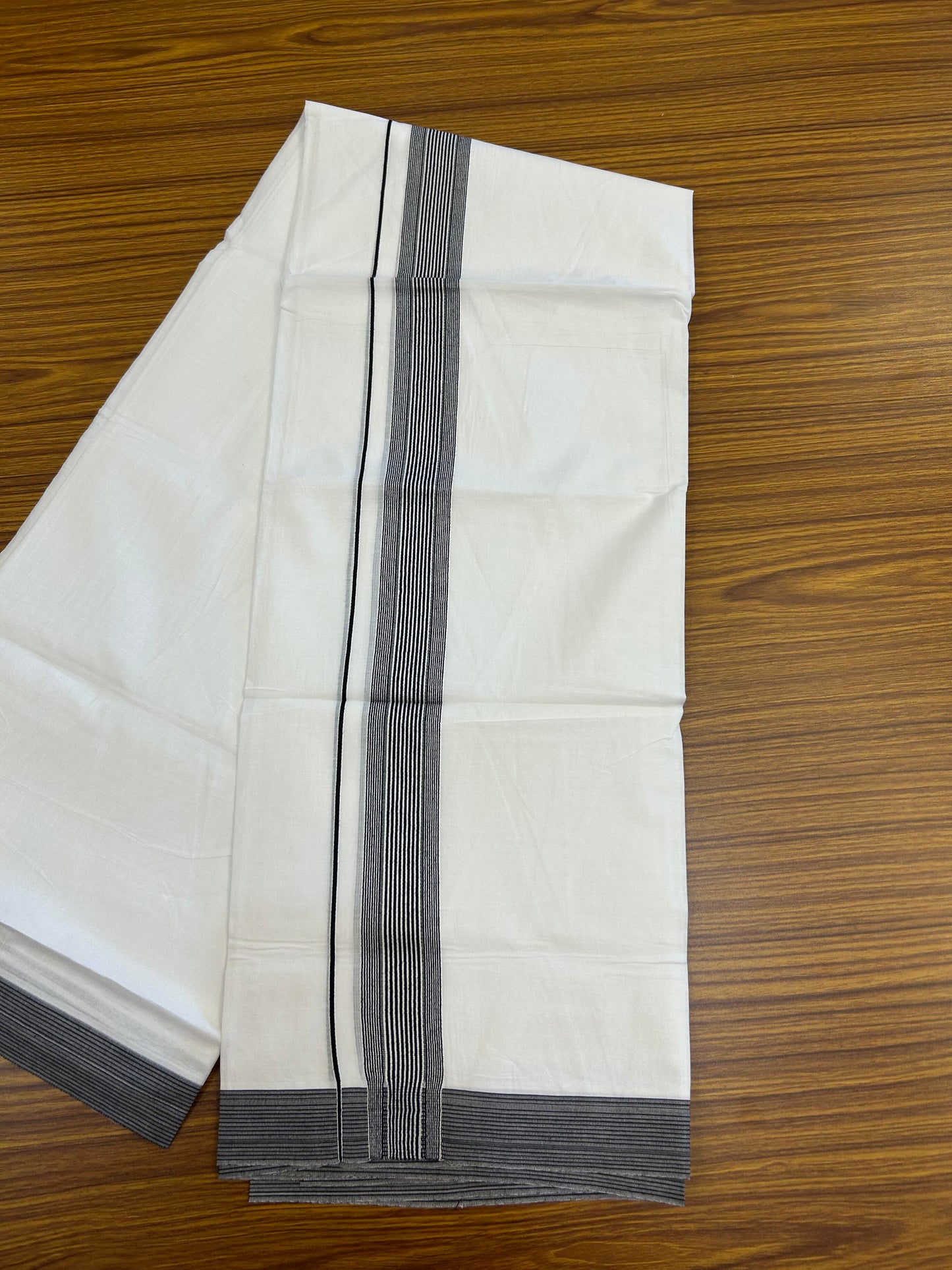 20% Discount ! Kaitharikada Balaramapuram 100% Cotton Pure White Double Mundu/Dothi - 100x100 - 1.5 inch Black Striped Kara - 7 KK5362 GAN