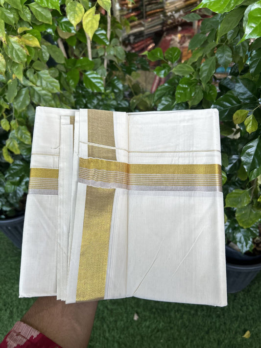 20% Discount ! KaithariKada Balaramapuram - 100% Pure Cotton Off White - (Unbleached) Double Mundu/Dhoti - 100X80 - 1.5 inch Gold Kasav & Silver Kasav Striped Kara 4 mtr (8.5 muzham) - 20 KK5340 VIN