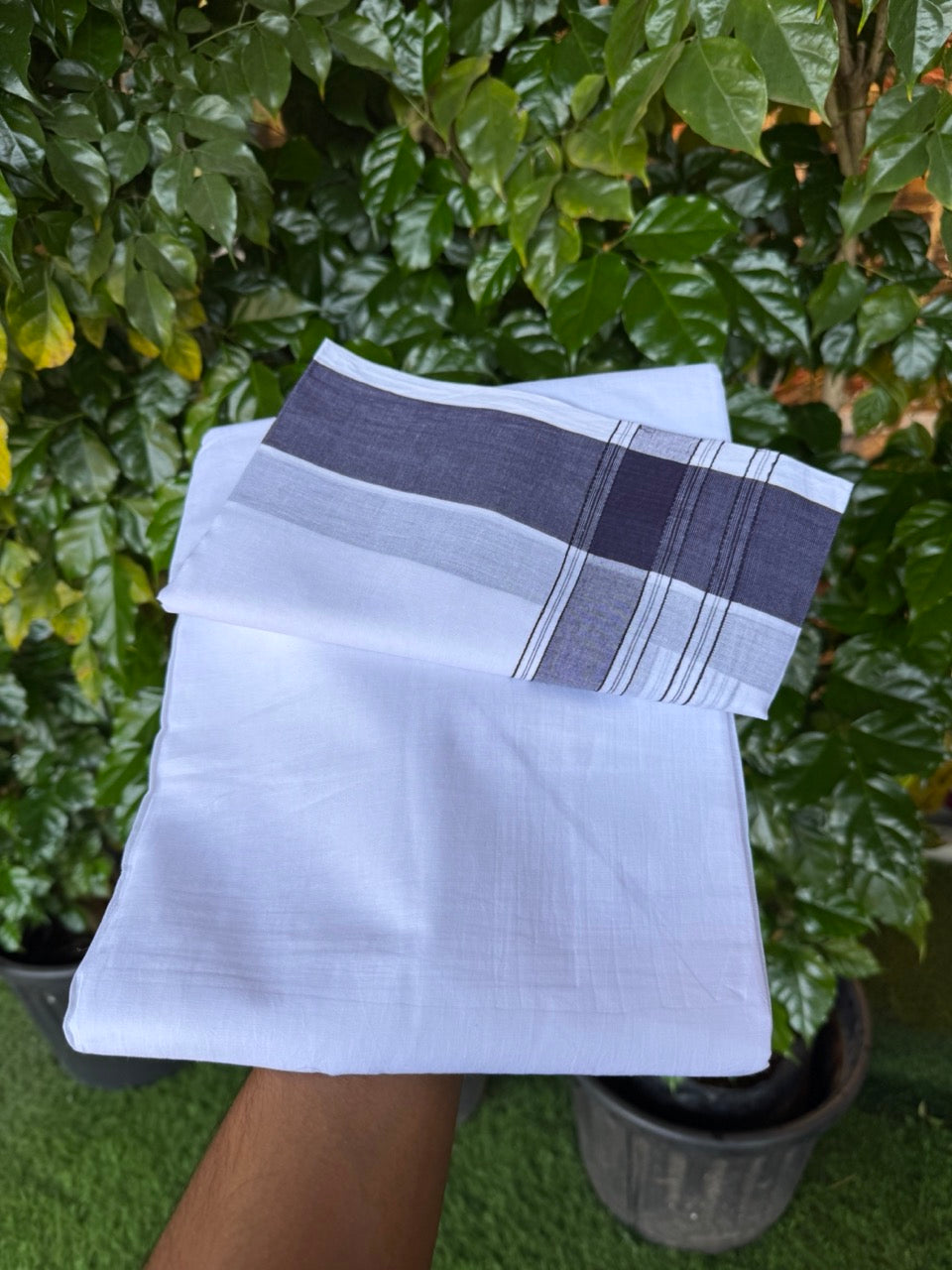 20% Discount! KaithariKada 100% Pure Cotton Pure White - 100x80 thread - NORTH INDIAN - ATTACHED GAMCHA 9x5 Dhoti - 1.75 inch Navy Blue shaded striped kara - 6 KK5275 PMC