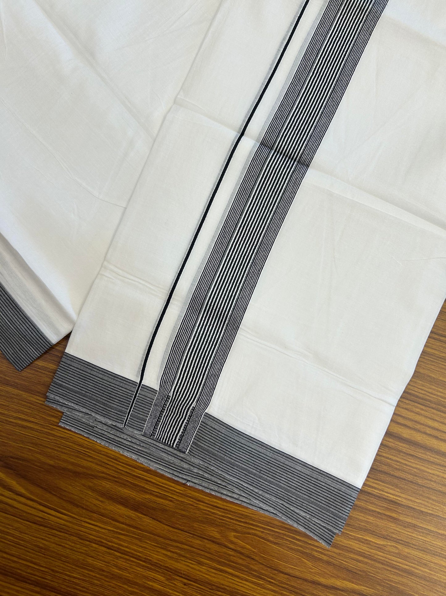 20% Discount ! Kaitharikada Balaramapuram 100% Cotton Pure White Double Mundu/Dothi - 100x100 - 1.5 inch Black Striped Kara - 7 KK5362 GAN