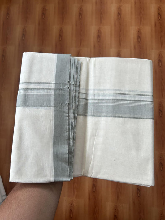 Double Off white (Unbleached) Mundu/Dhoti - 20% Discount KaithariKada Balaramapuram 100% Cotton - 100x100 - 1.25 inch Ash Green Shaded Striped Kara - 33 KK5392 ASH