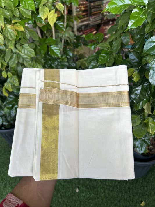20% Discount ! KaithariKada Balaramapuram - 100% Pure Cotton Off White - (Unbleached) Double Mundu/Dhoti - 100X80 - 1.5 inch Gold Kasav & Silver Kasav Striped Kara 4 mtr (8.5 muzham) - 22 KK5340 VIN