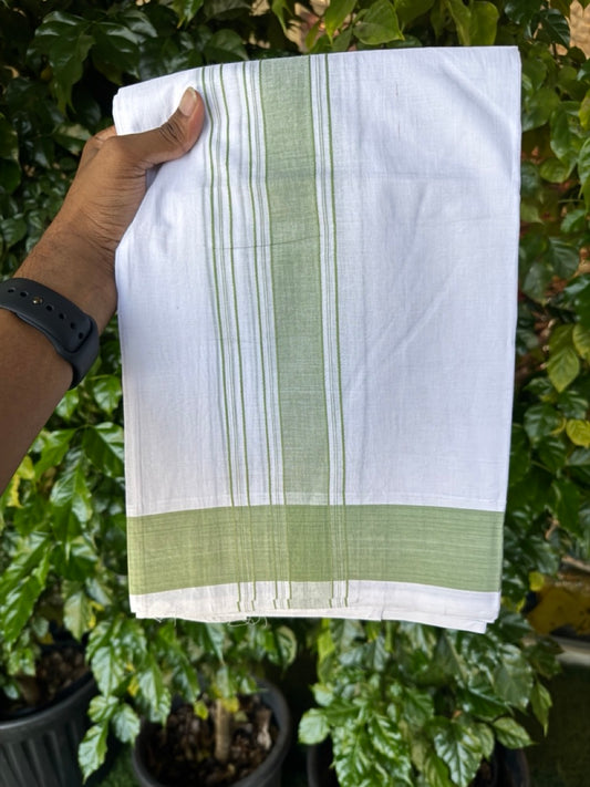 20% Discount! KaithariKada 100% Pure Cotton Pure White - 100x80 thread - NORTH INDIAN - ATTACHED GAMCHA 9x5 Dhoti - 1.75 inch Light Green shaded striped kara - 4 KK5275 PMC