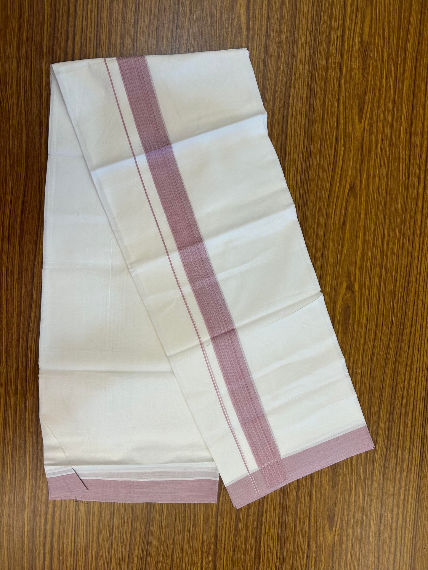 20% Discount ! Kaitharikada Balaramapuram 100% Cotton Pure White Double Mundu/Dothi - 100x100 - 1.5 inch Dusty Wine Striped Kara - 14 KK5362 GAN