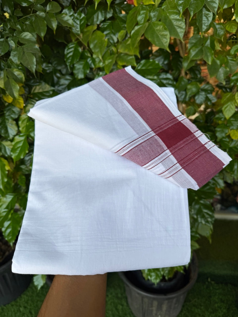 20% Discount! KaithariKada 100% Pure Cotton Pure White - 100x80 thread - NORTH INDIAN - ATTACHED GAMCHA 9x5 Dhoti - 1.75 inch Maroon shaded striped kara - 5 KK5275 PMC