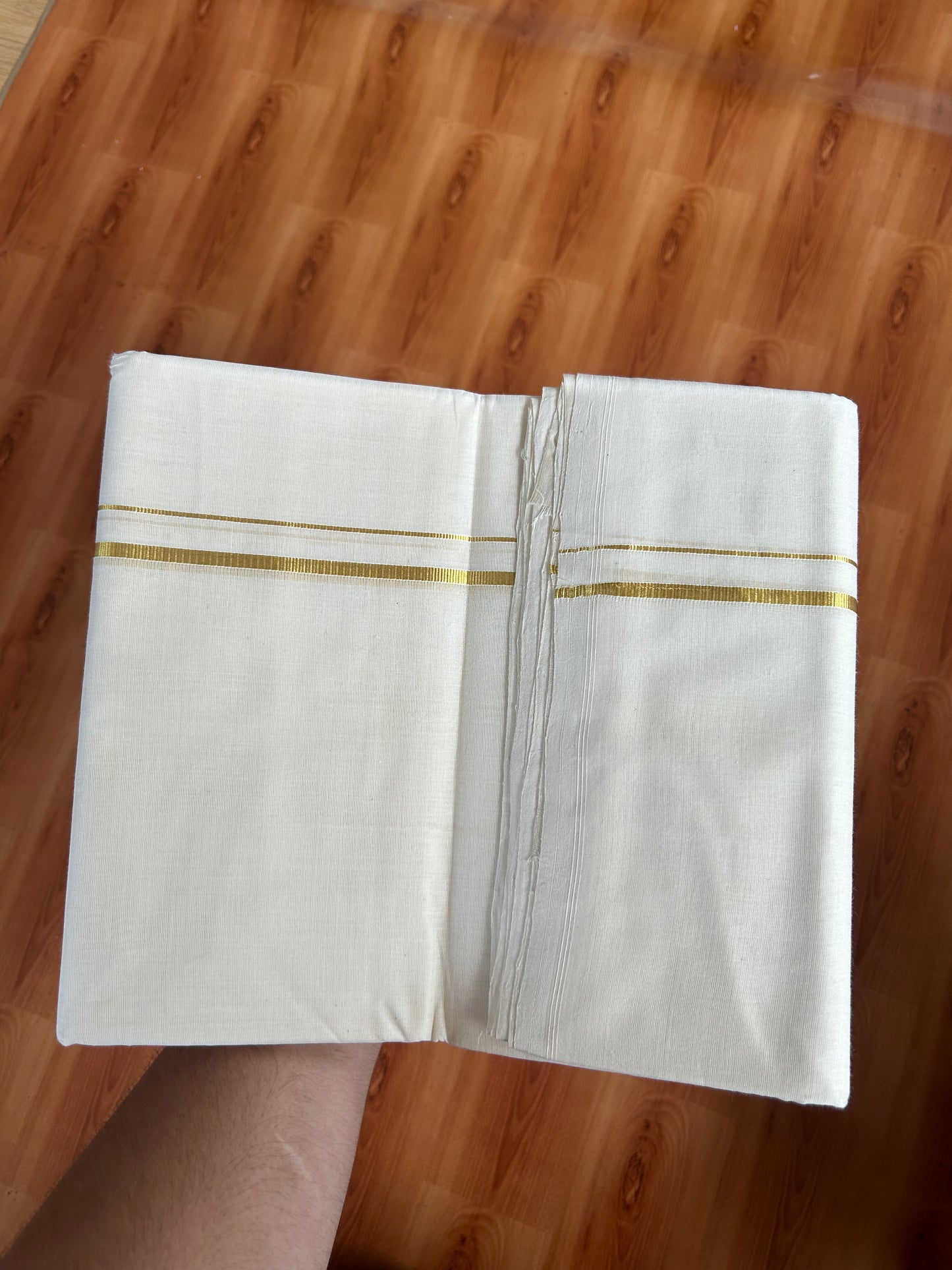 25% Discount! KaithariKada Kerala Handloom Millpaav - 100% Pure Cotton Off White (Unbleached) Double Mundu/Dhoti - 100X80 - 0.5 cm Gold Kasav Kara 3.80 (8Muzham) - 46 KK5380 SOM