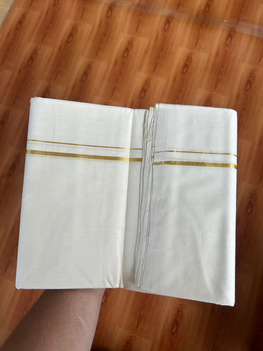 25% Discount! KaithariKada Kerala Handloom Millpaav - 100% Pure Cotton Off White (Unbleached) Double Mundu/Dhoti - 100X80 - 0.5 cm Gold Kasav Kara 3.80 (8Muzham) - 46 KK5380 SOM
