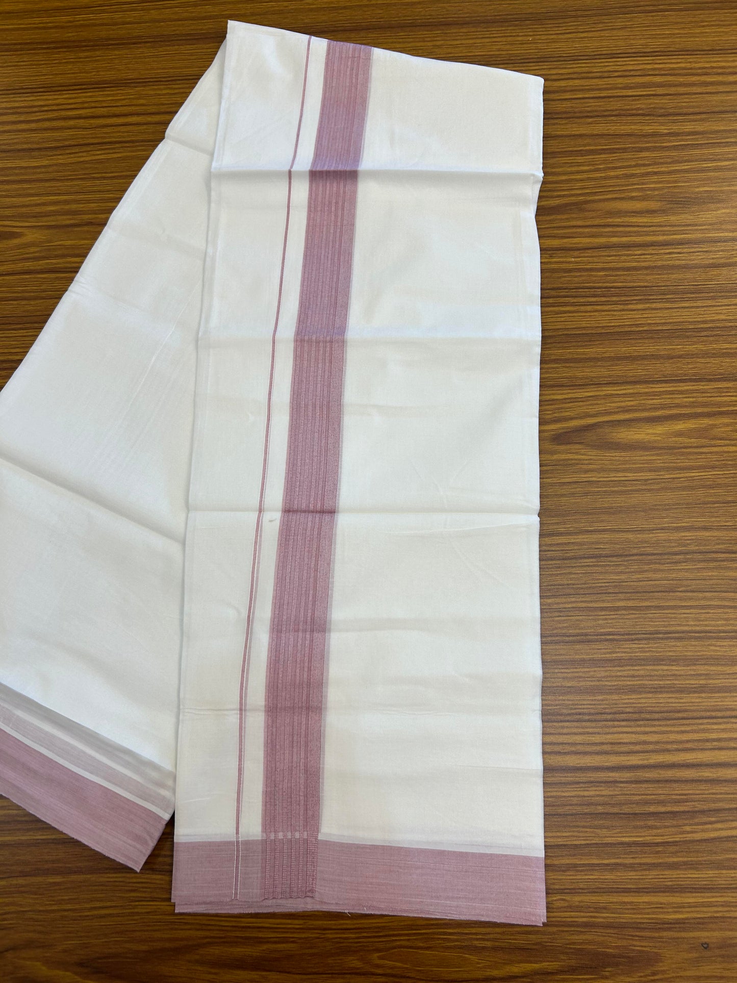 20% Discount ! Kaitharikada Balaramapuram 100% Cotton Pure White Double Mundu/Dothi - 100x100 - 1.5 inch Dusty Wine Striped Kara - 14 KK5362 GAN