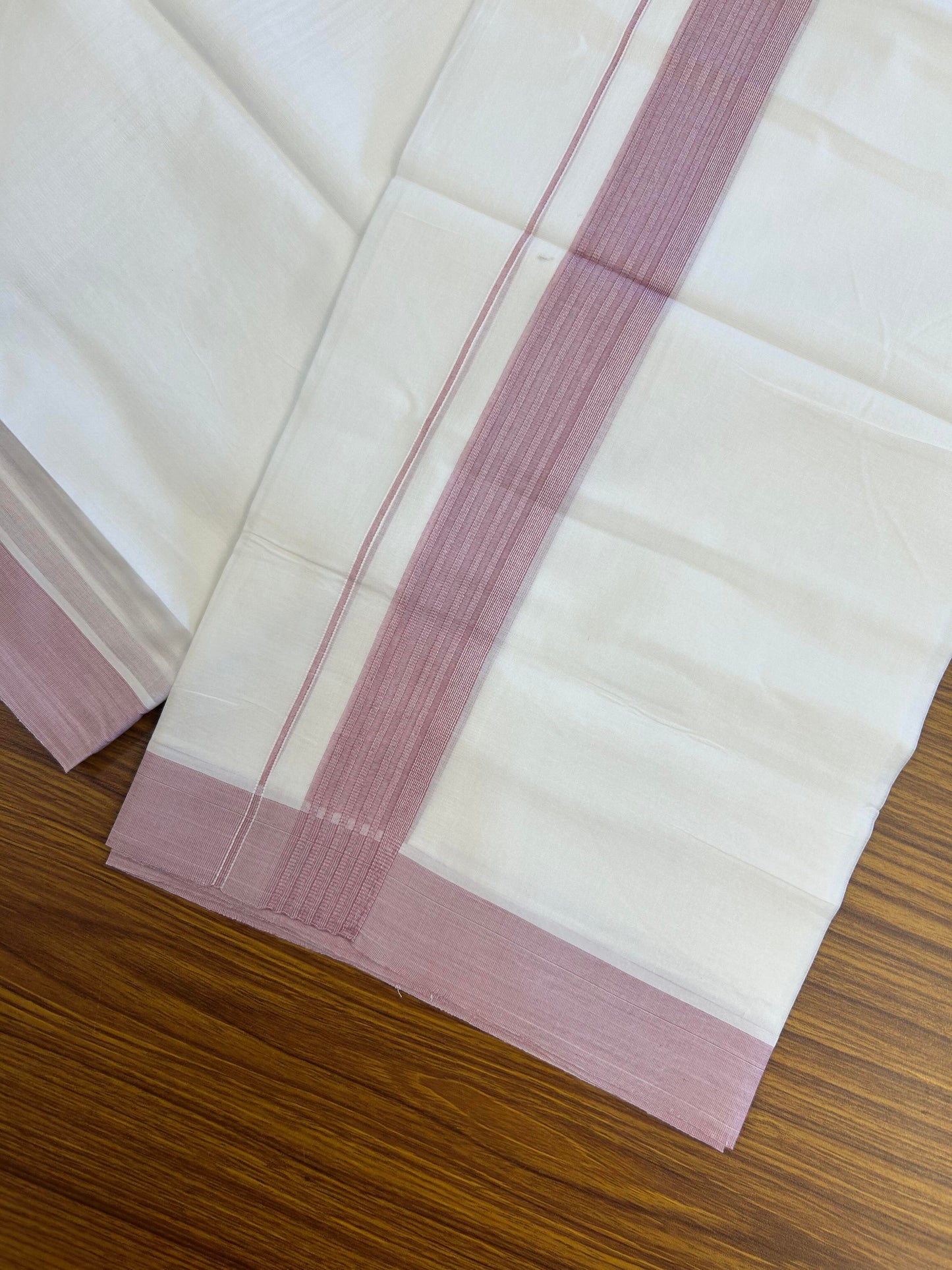 20% Discount ! Kaitharikada Balaramapuram 100% Cotton Pure White Double Mundu/Dothi - 100x100 - 1.5 inch Dusty Wine Striped Kara - 14 KK5362 GAN