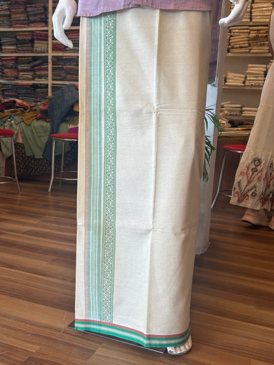 12% Discount !! Kaitharikada Pure Cotton Single OFF WHITE - (Unbleached) Kaily / Lungi - 3.5 inch  Light Green & Brownish Orange Striped Printed kara Kuppadam Border with OFF WHITE colour body (2 meter / 4 muzham)- 5KK8010AS