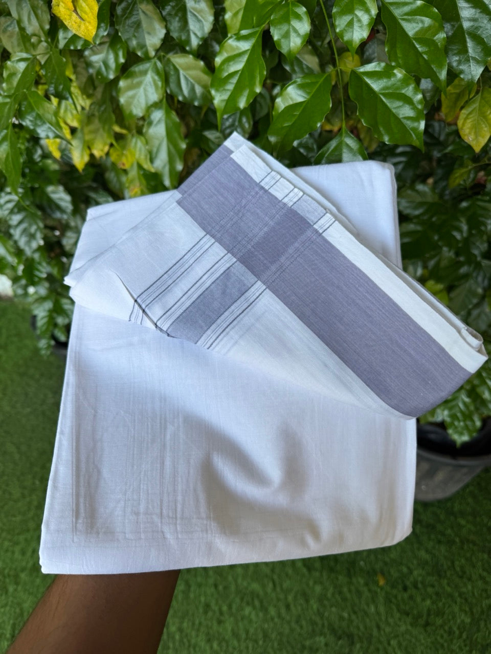 20% Discount! KaithariKada 100% Pure Cotton Pure White - 100x80 thread - NORTH INDIAN - ATTACHED GAMCHA 9x5 Dhoti - 1.75 inch Lavender Blue shaded striped kara - 7 KK5275 PMC