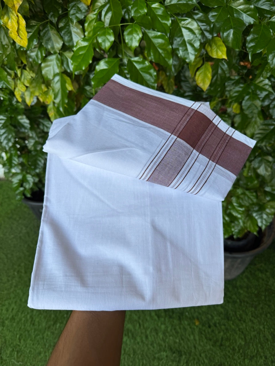 20% Discount! KaithariKada 100% Pure Cotton Pure White - 100x80 thread - NORTH INDIAN - ATTACHED GAMCHA 9x5 Dhoti - 1.75 inch Dark Brown shaded striped kara - 9 KK5275 PMC