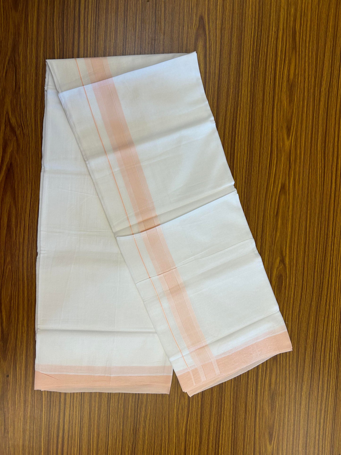 20% Discount ! Kaitharikada Balaramapuram 100% Cotton Pure White Double Mundu/Dothi - 100x100 - 1.5 inch Light Peach Pink Striped Kara - 6 KK5362 GAN