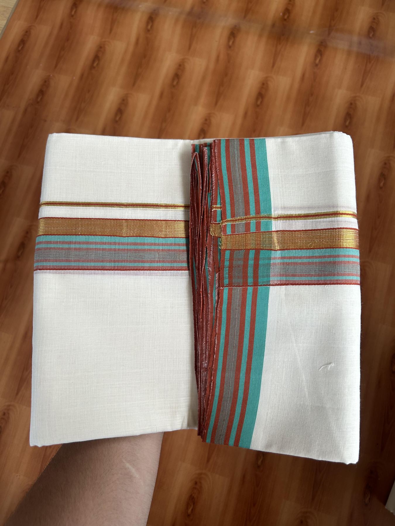 25% Discount ! KaithariKada Handloom Unakkupaav - Kerala Handloom - 100% Pure Cotton Off White (Unbleached) Double Mundu/Dhoti - 100x80 - 1.75 inch Gold Kasav & Turqouise green & Brick Red stripes design Kara 4 mtr (8.5 Muzham) - 85 KK5380 SOM