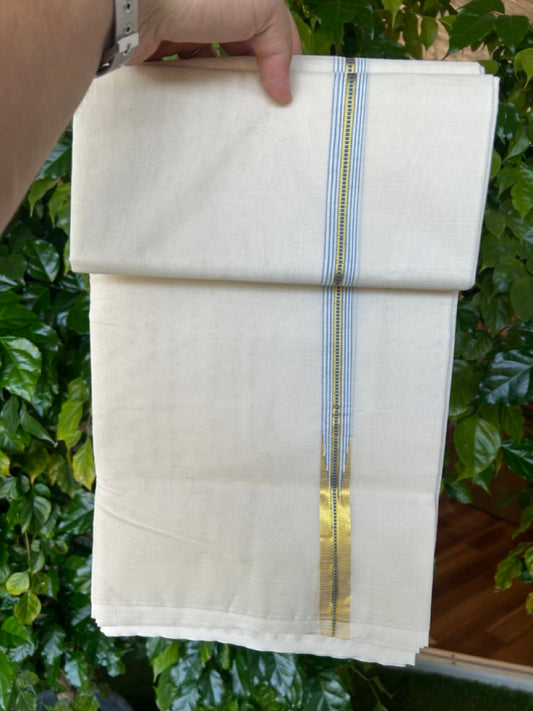 20% DISCOUNT! KaithariKada Balaramapuram 100% Cotton Double Off white - (Unbleached) Mundu/Dhoti-100x100 Puliyilakkara Muthukuri Gold Kasavu & 0.75 inch Blue Striped Chutty Kara -3.88 m (8 muzham)- 1KK5226 ASH