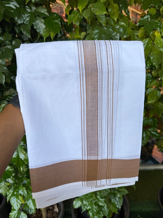 20% Discount! KaithariKada 100% Pure Cotton Pure White - 100x80 thread - NORTH INDIAN - ATTACHED GAMCHA 9x5 Dhoti - 1.75 inch Brown shaded striped kara - 8 KK5275 PMC