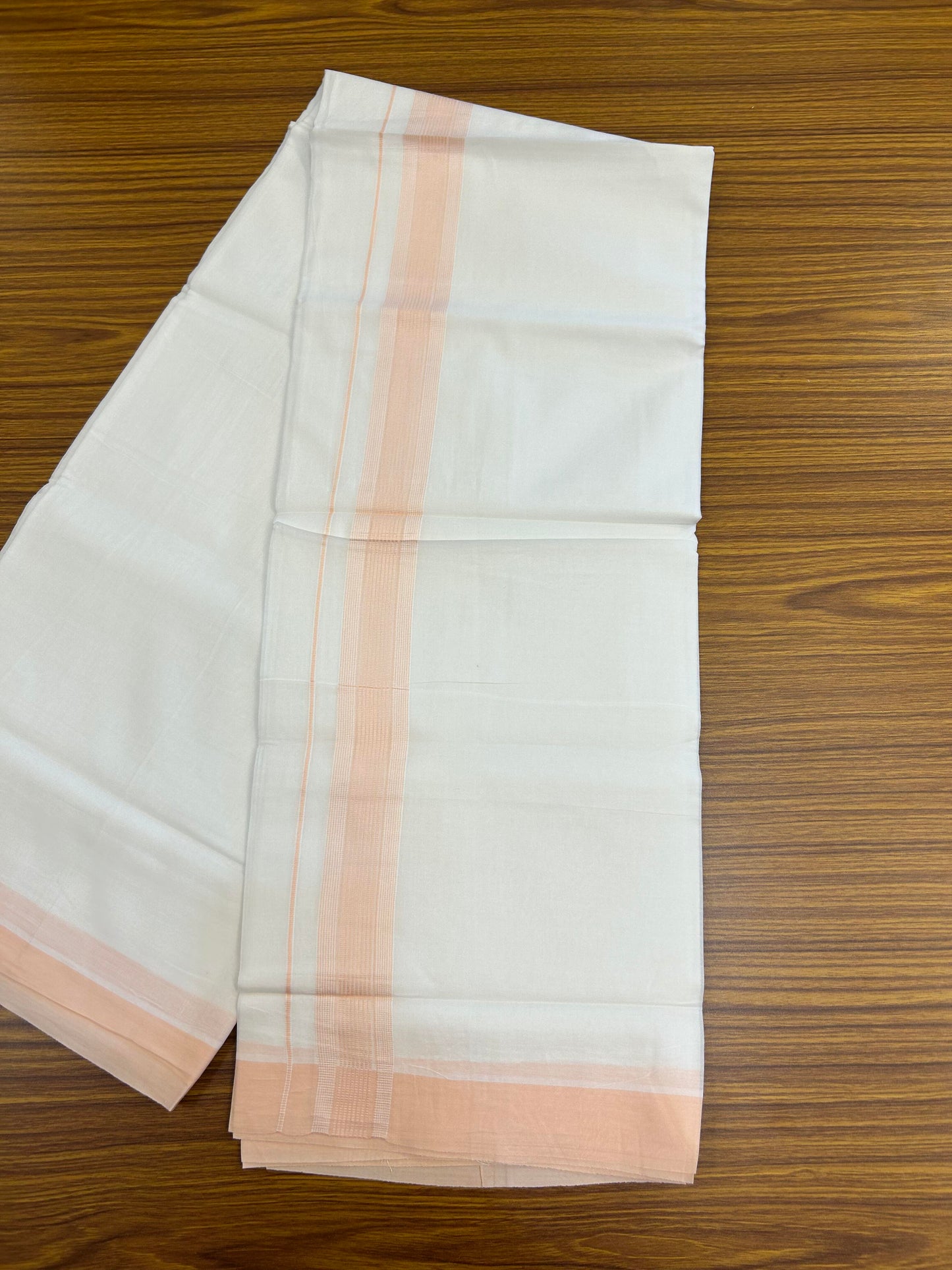 20% Discount ! Kaitharikada Balaramapuram 100% Cotton Pure White Double Mundu/Dothi - 100x100 - 1.5 inch Light Peach Pink Striped Kara - 6 KK5362 GAN