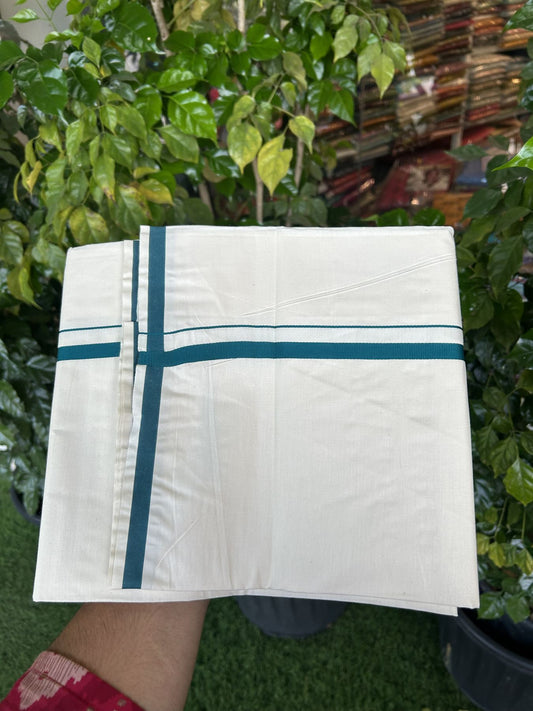 10% Discount ! KaithariKada Balaramapuram 100% Cotton Single Off white (Unbleached) Mundu/Dhoti - 40s - 1 cm Peacock Green Kara (2 meter / 4 muzham) - 5 KK5339 MC