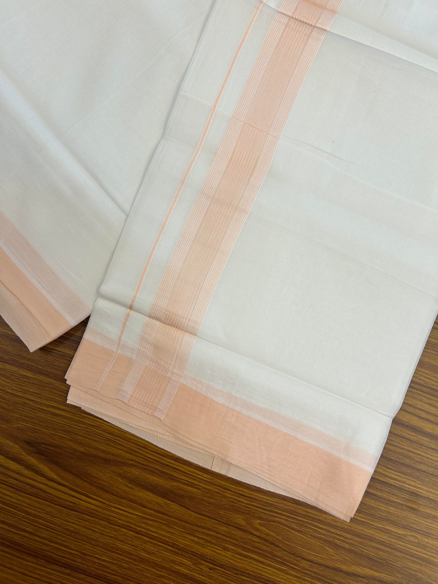 20% Discount ! Kaitharikada Balaramapuram 100% Cotton Pure White Double Mundu/Dothi - 100x100 - 1.5 inch Light Peach Pink Striped Kara - 6 KK5362 GAN