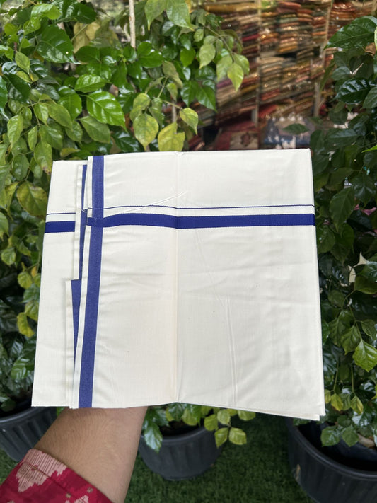 10% Discount ! KaithariKada Balaramapuram 100% Cotton Single Off white (Unbleached) Mundu/Dhoti - 40s - 1 cm Navy Blue Kara (2 meter / 4 muzham) - 2 KK5339 MC