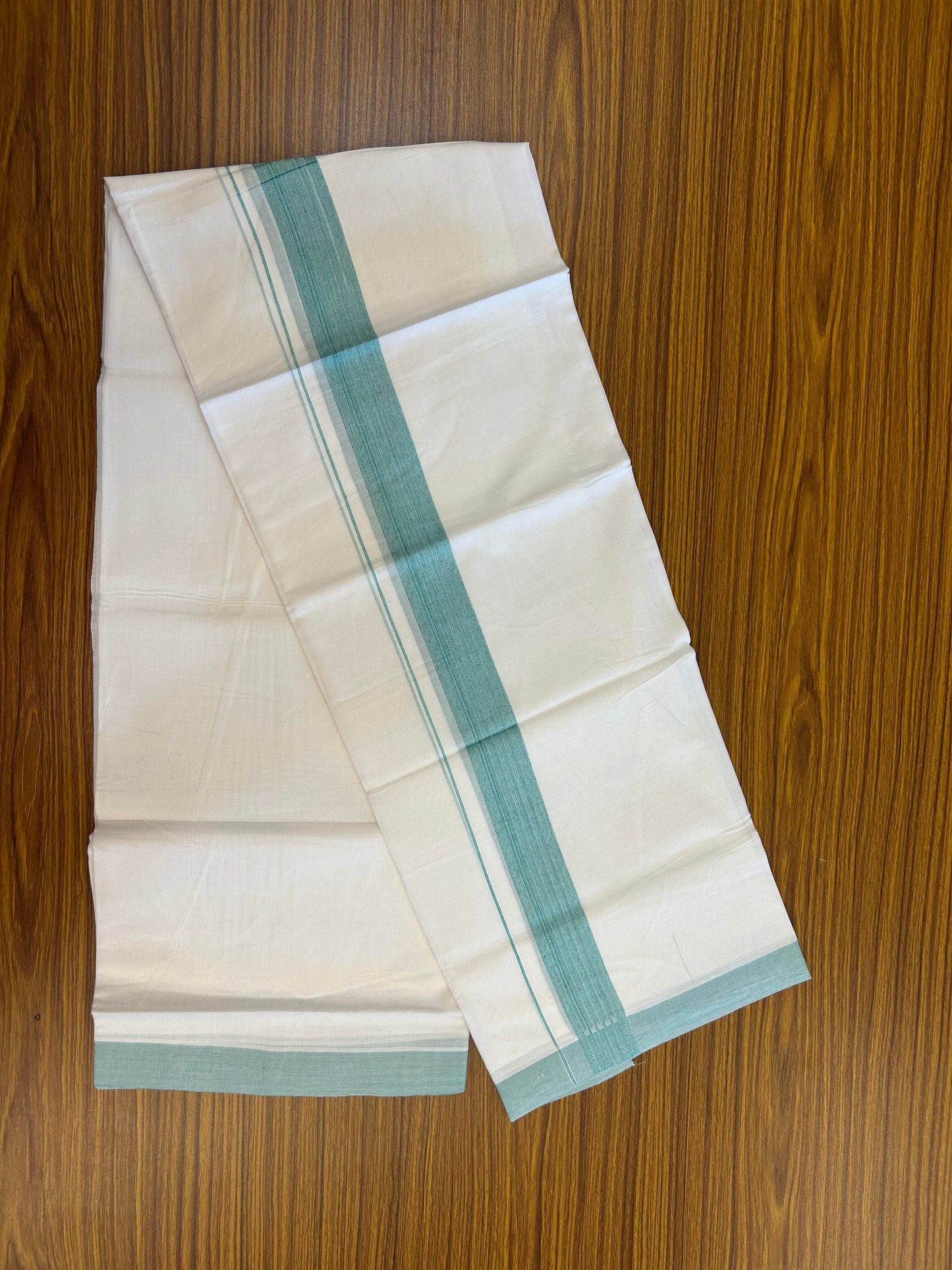 20% Discount ! Kaitharikada Balaramapuram 100% Cotton Pure White Double Mundu/Dothi - 100x100 - 1.5 inch Turquoise Green Striped Kara - 19 KK5362 GAN