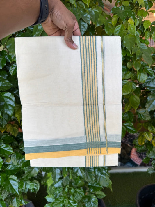 20% Discount! KaithariKada Balaramapuram 100% Cotton Double Off White (unbleached) Mundu/Dhoti- 100x80 - 1.5 inch Yellow & Green shaded striped Kara 4 mtr (8.5 muzham) - 76 KK5251 PMC