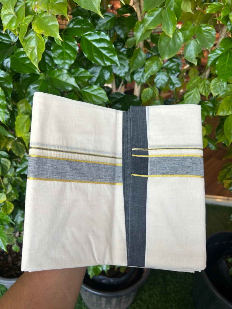 20% Discount KaithariKada Balaramapuram 100% Cotton Double Off white - (Unbleached) - Mundu/Dhoti - 100x100 - 1.25 inch Gold Kasav & Black Shaded Kara - 2KK5226 ASH