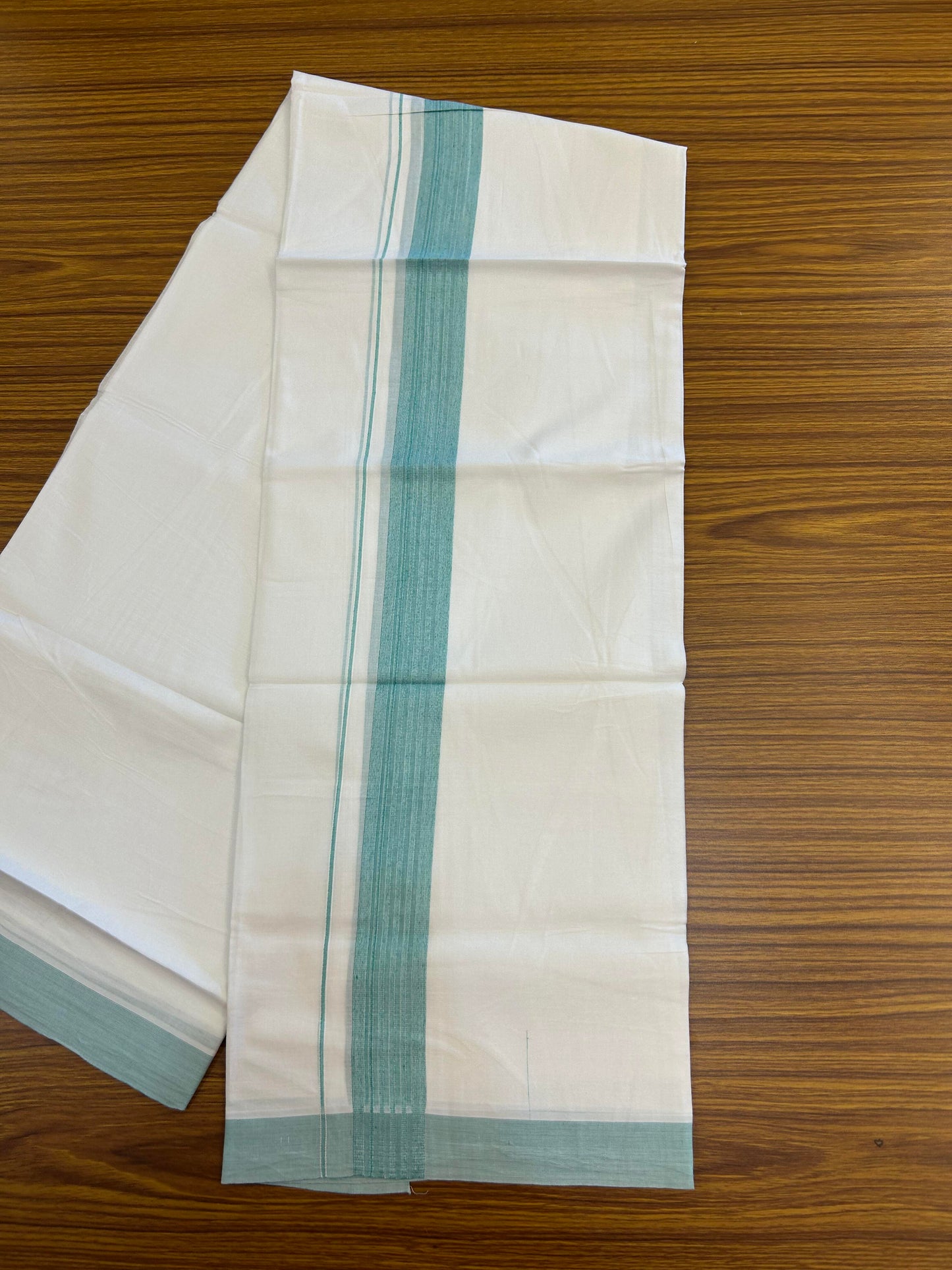 20% Discount ! Kaitharikada Balaramapuram 100% Cotton Pure White Double Mundu/Dothi - 100x100 - 1.5 inch Turquoise Green Striped Kara - 19 KK5362 GAN