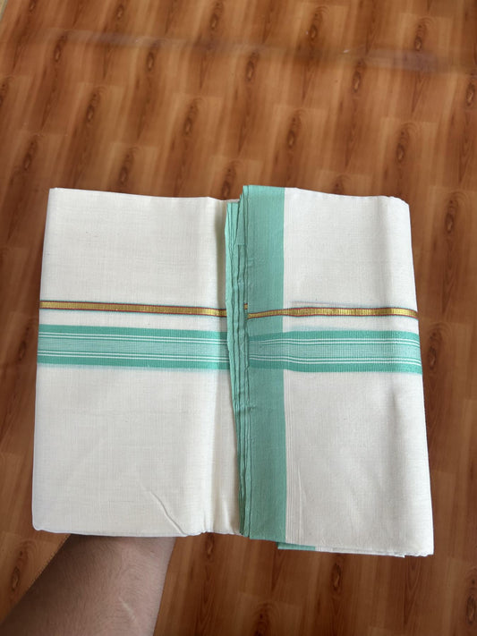 25% Discount ! KaithariKada Handloom Unakkupaav - Kerala Handloom - 100% Pure Cotton Off White (Unbleached) Double Mundu/Dhoti - 100x80 - 1 inch Gold Kasav & Turquoise Green Stripes Kara 3.80 mtr (8 Muzham) - 63 KK5380 SOM