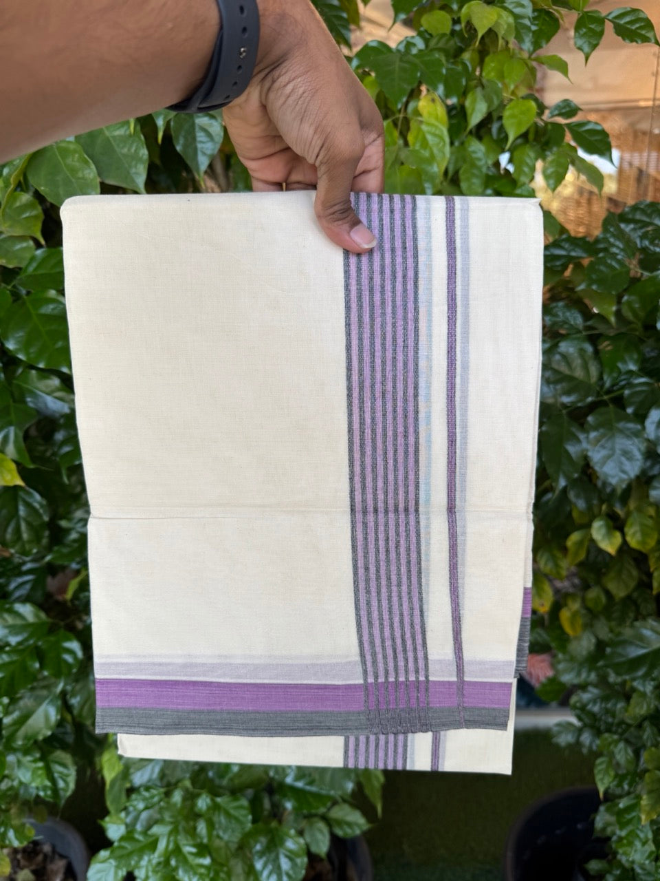 20% Discount! KaithariKada Balaramapuram 100% Cotton Double Off White (unbleached) Mundu/Dhoti- 100x80 - 1.5 inch Purple & Black shaded striped Kara 4 mtr (8.5 muzham) - 77 KK5251 PMC