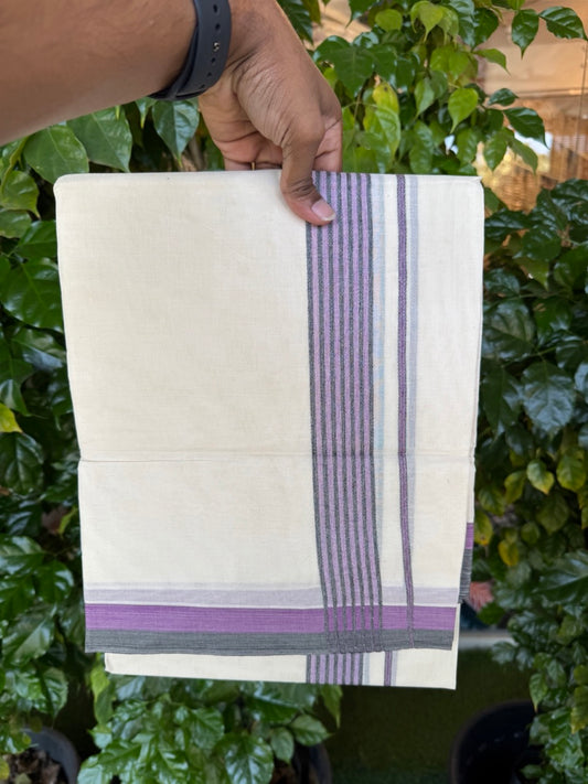 20% Discount! KaithariKada Balaramapuram 100% Cotton Double Off White (unbleached) Mundu/Dhoti- 100x80 - 1.5 inch Purple & Black shaded striped Kara 4 mtr (8.5 muzham) - 77 KK5251 PMC