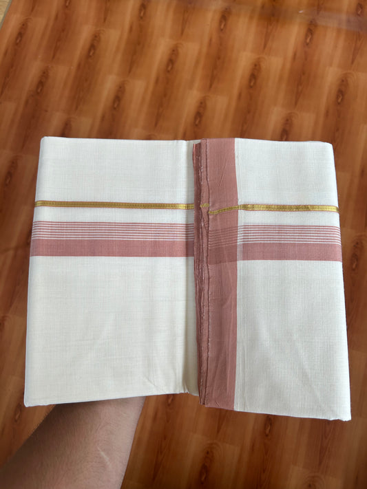 25% Discount ! KaithariKada Handloom Unakkupaav - Kerala Handloom - 100% Pure Cotton Off White (Unbleached) Double Mundu/Dhoti - 100x80 - 1.25 inch Gold Kasav & Dark Peach Orange striped Kara 3.80 mtr (8 Muzham) - 56 KK5380 SOM