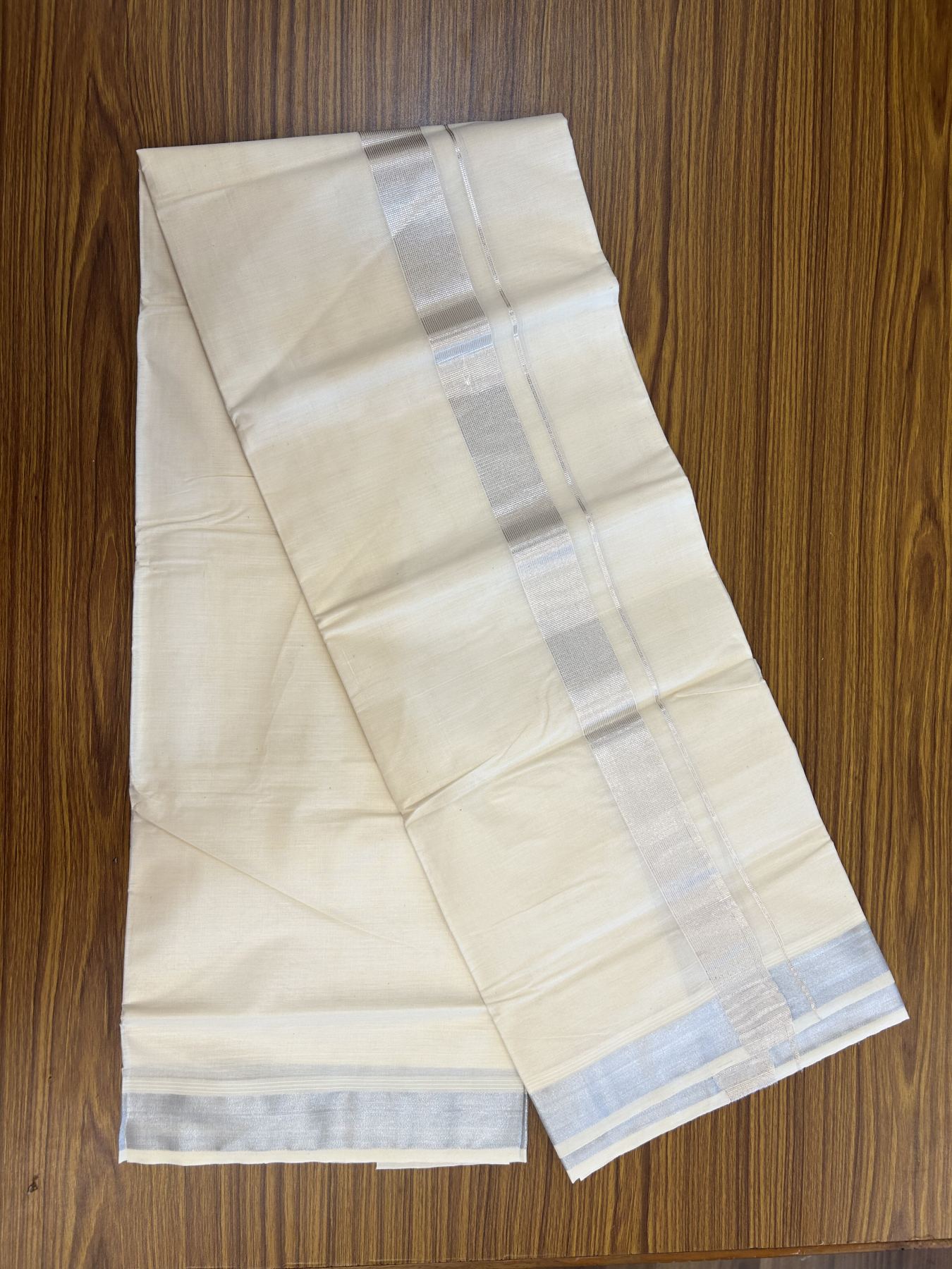 20% Discount ! KaithariKada Balaramapuram 100% Cotton Double Off White - (Unbleached) - Mundu / Dhoti- 100x80 -  1.5 inch Silver Kasav Stripes Kara 4 mtr (8.5 Muzham) - 52 KK5340 VIN