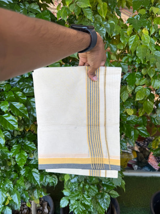 20% Discount! KaithariKada Balaramapuram 100% Cotton Double Off White (unbleached) Mundu/Dhoti- 100x80 - 1.5 inch Yellow & Black shaded striped Kara 4 mtr (8.5 muzham) - 75 KK5251 PMC