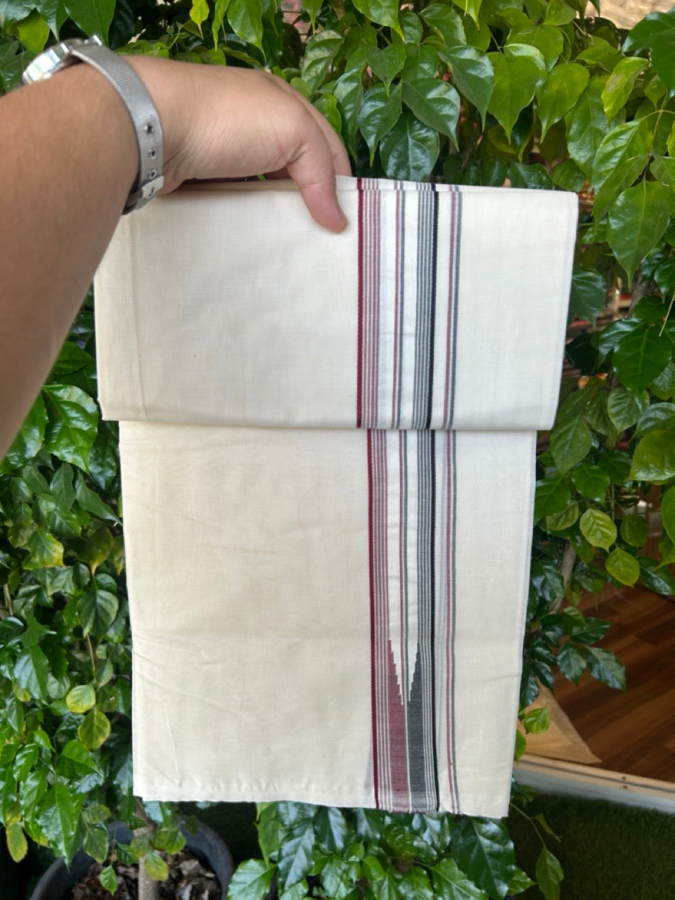 ADMK VESHTI 20% Discount !! KaithariKada Balaramapuram Double Off white - (Unbleached) Mundu/Dhoti - 100X100 - 1.5 inch Puliyilakkara Maroon & Black Striped Chutty Kara- 7KK5226 ASH