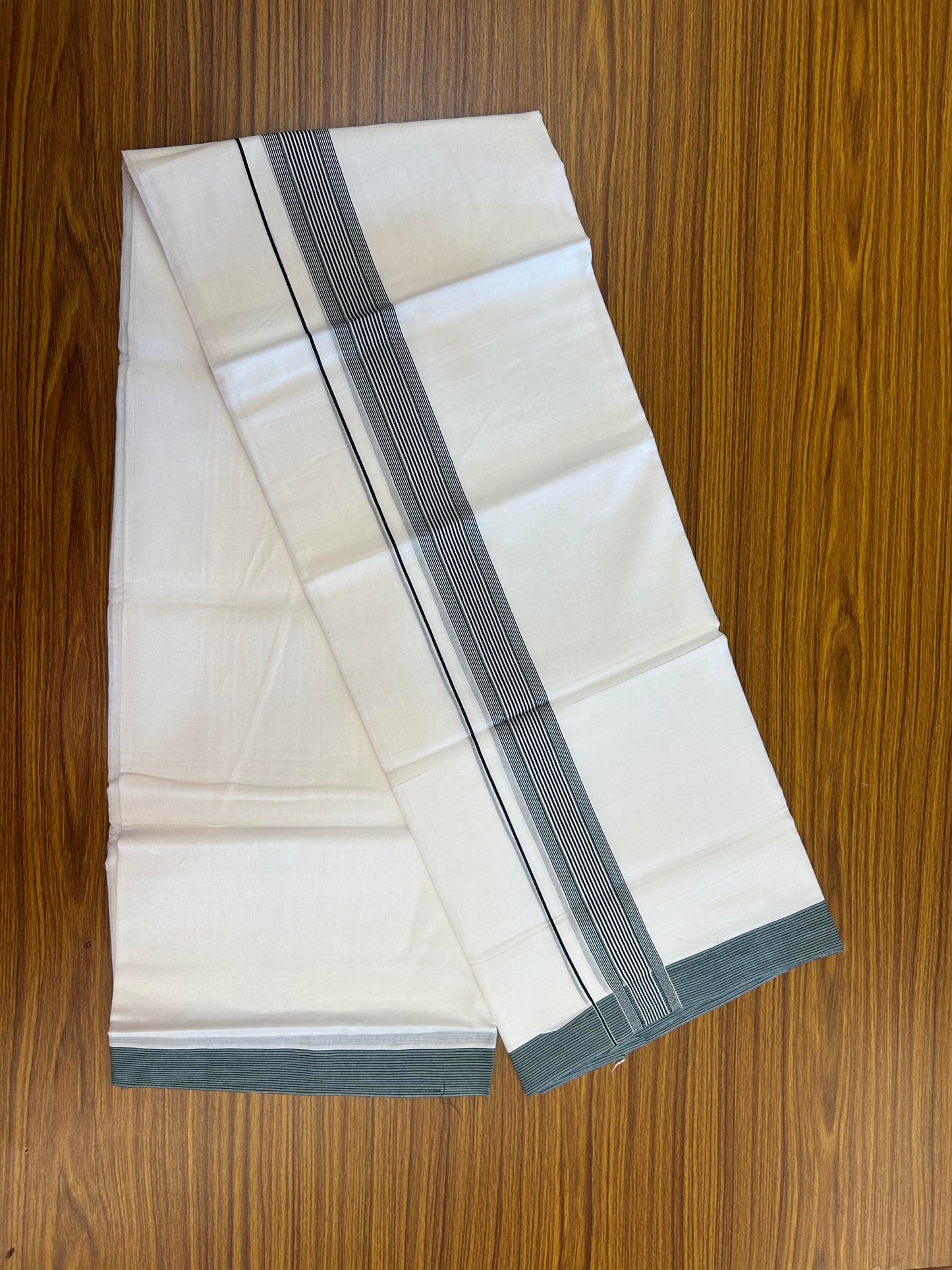 20% Discount ! Kaitharikada Balaramapuram 100% Cotton Pure White Double Mundu/Dothi - 100x100 - 1.5 inch Dark Green Striped Kara - 3 KK5362 GAN