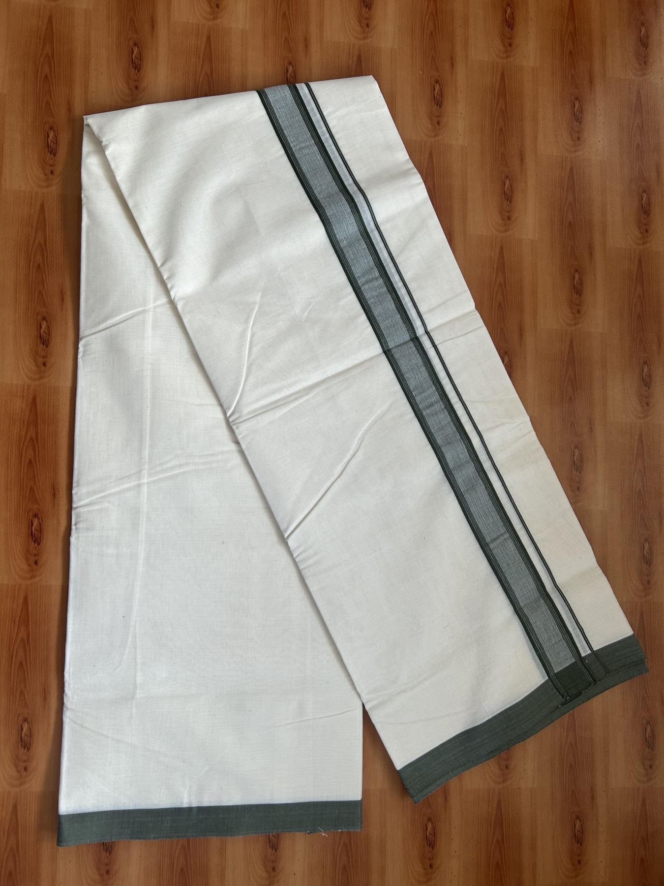 Double Off white (Unbleached) Mundu/Dhoti - 20% Discount KaithariKada Balaramapuram 100% Cotton - 100x100 - 1 inch Dark Olive Green Shaded Striped Kara - 31 KK5392 ASH