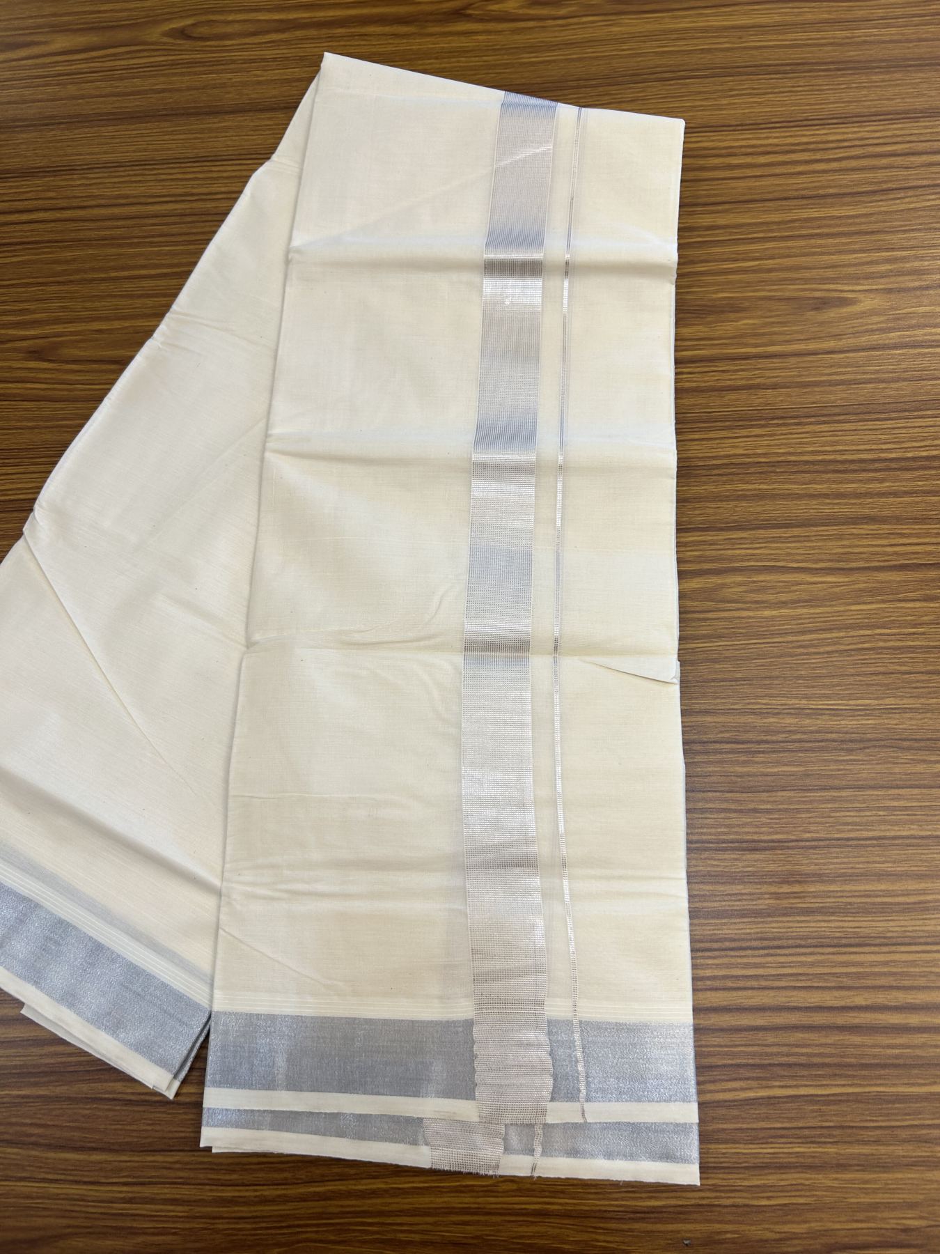 20% Discount ! KaithariKada Balaramapuram 100% Cotton Double Off White - (Unbleached) - Mundu / Dhoti- 100x80 -  1.5 inch Silver Kasav Stripes Kara 4 mtr (8.5 Muzham) - 52 KK5340 VIN