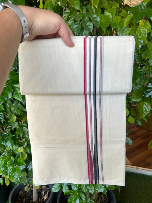 ADMK VESHTI 20% Discount !! KaithariKada Balaramapuram Double Off white - (Unbleached) Mundu/Dhoti - 100X100 - 1 inch Puliyilakkara Maroon & Black Striped Chutty Kara- 6KK5226 ASH