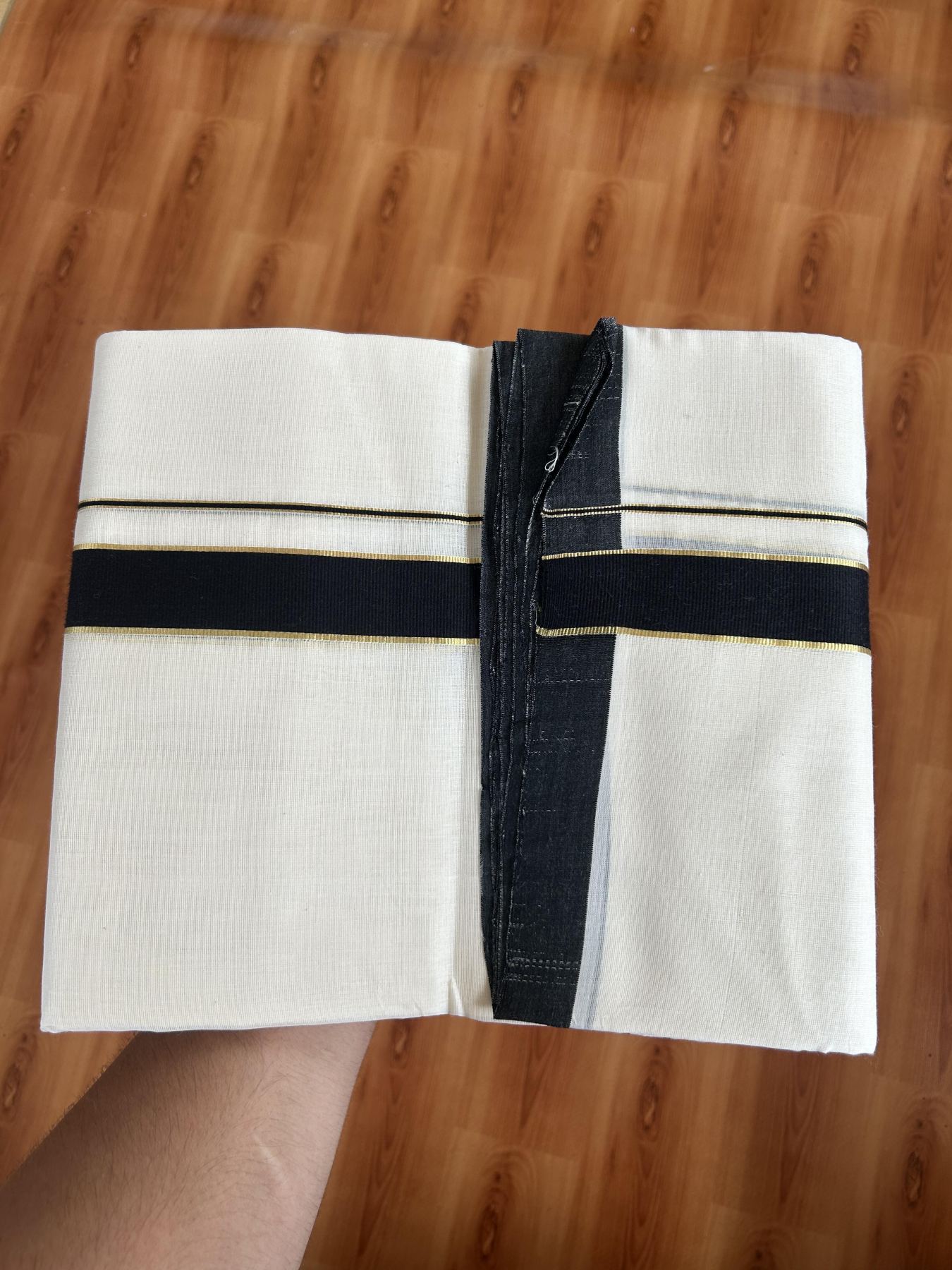25% Discount ! KaithariKada Handloom Unakkupaav - Kerala Handloom - 100% Pure Cotton Off White (Unbleached) Double Mundu/Dhoti - 100x80 - 1.25 inch Gold Kasav & Black Kara 3.80 mtr (8 Muzham) - 62 KK5380 SOM