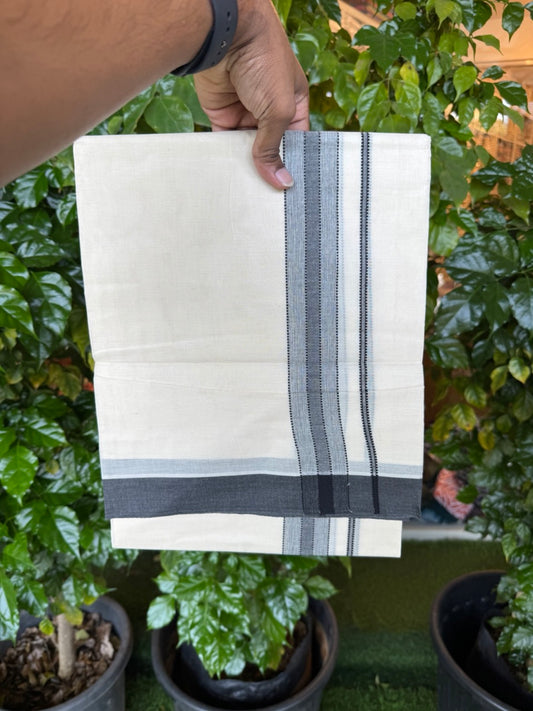 KaithariKada Balaramapuram 100% Cotton Double Off White (unbleached) Mundu/Dhoti- 100x80 - 1.75 inch Black Shaded Design Kara 4 mtr (8.5 muzham) - 86KK5227 PMC