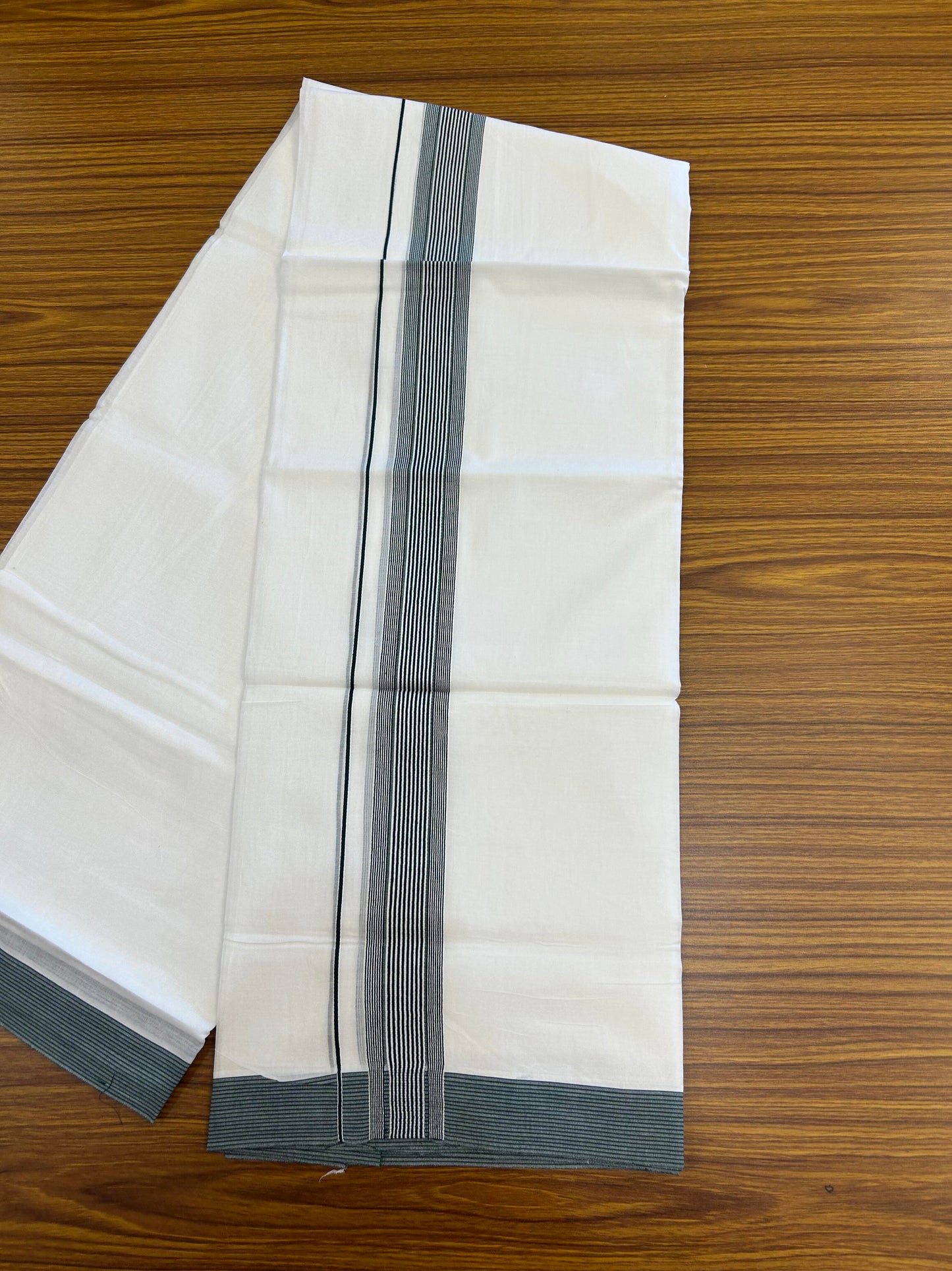 20% Discount ! Kaitharikada Balaramapuram 100% Cotton Pure White Double Mundu/Dothi - 100x100 - 1.5 inch Dark Green Striped Kara - 3 KK5362 GAN