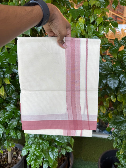 KaithariKada Balaramapuram 100% Cotton Double Off White (unbleached) Mundu/Dhoti- 100x80 - 1.75 inch Dusty Rose Design Kara 4 mtr (8.5 muzham) - 83KK5227 PMC