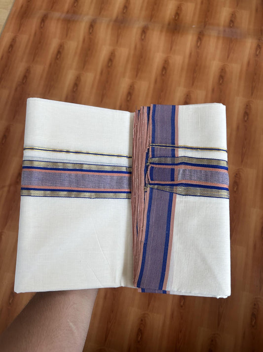 25% Discount ! KaithariKada Handloom Unakkupaav Kerala Handloom - 100% Pure Cotton Off White (Unbleached) Double Mundu/Dhoti - 100x80 - 1.75 inch Gold Kasav Blue & Cinnamon Brown Stripes Kara 3.80 mtr (8 Muzham) - 65 KK5380 SOM
