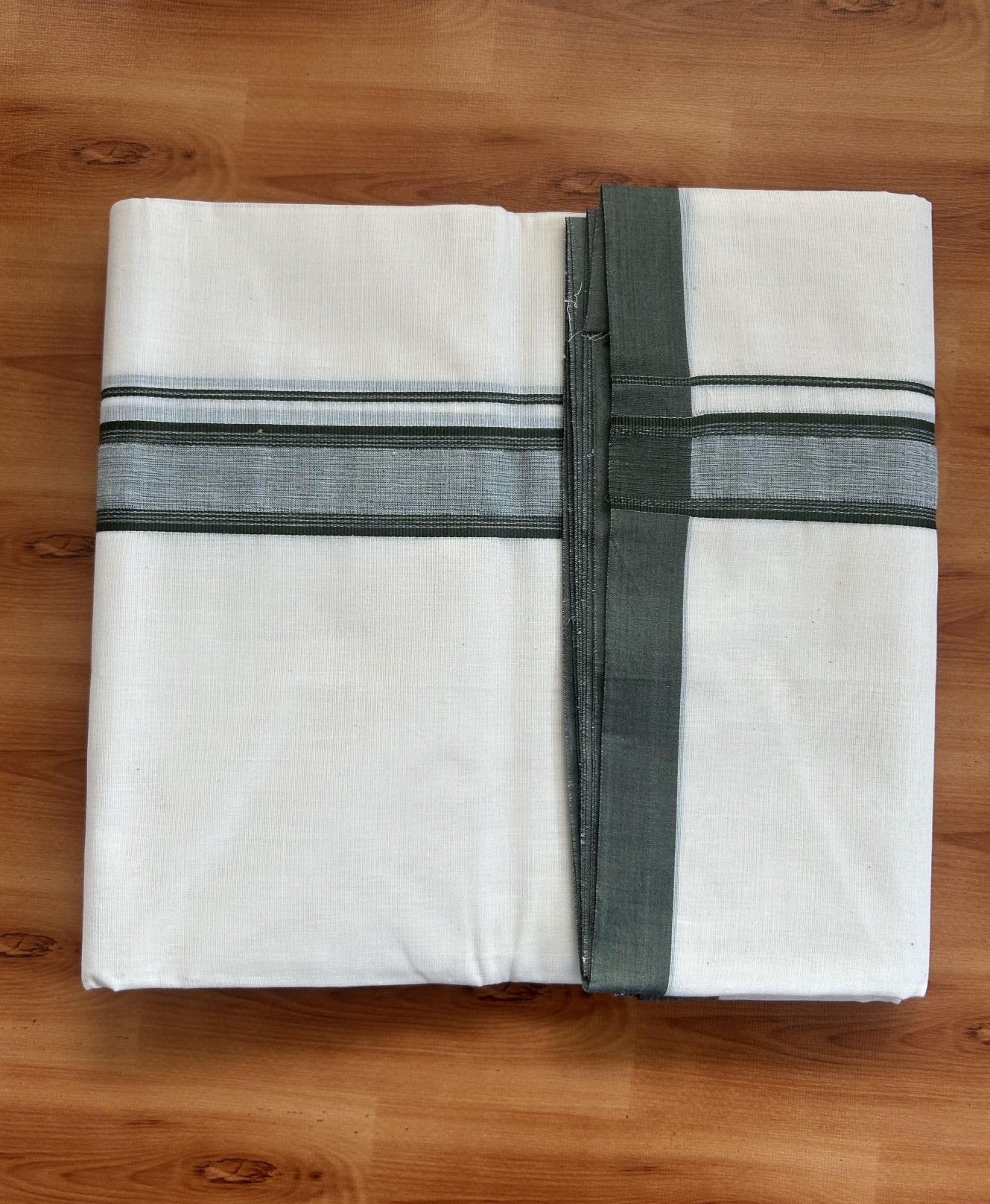 Double Off white (Unbleached) Mundu/Dhoti - 20% Discount KaithariKada Balaramapuram 100% Cotton - 100x100 - 1 inch Dark Olive Green Shaded Striped Kara - 31 KK5392 ASH