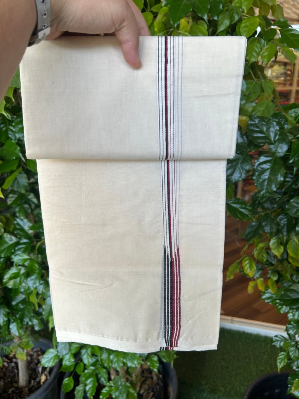 ADMK VESTHI 20% DISCOUNT ! KaithariKada Balaramapuram 100% COTTON DOUBLE OFF WHITE (Unbleached) Mundu/Dhoti-100X100- 0.75 Inch  Puliyilakkara 6 Line Maroon & Black Chutty Kara - 10KK5226 ASH